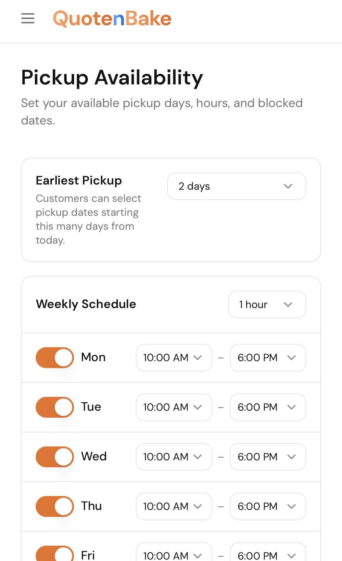 Quote n Bake Availability screen
