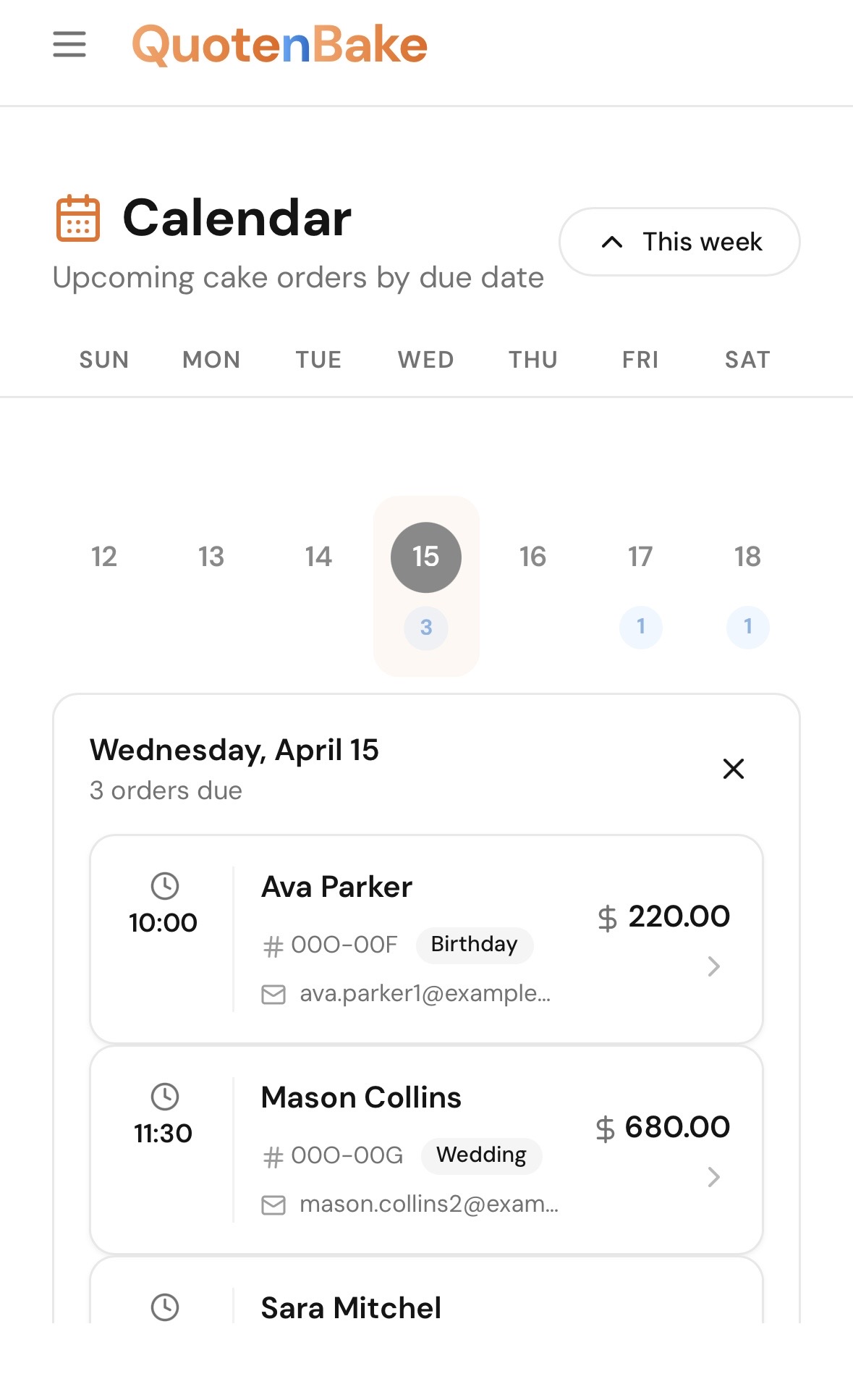 Quote n Bake Pickup calendar screen
