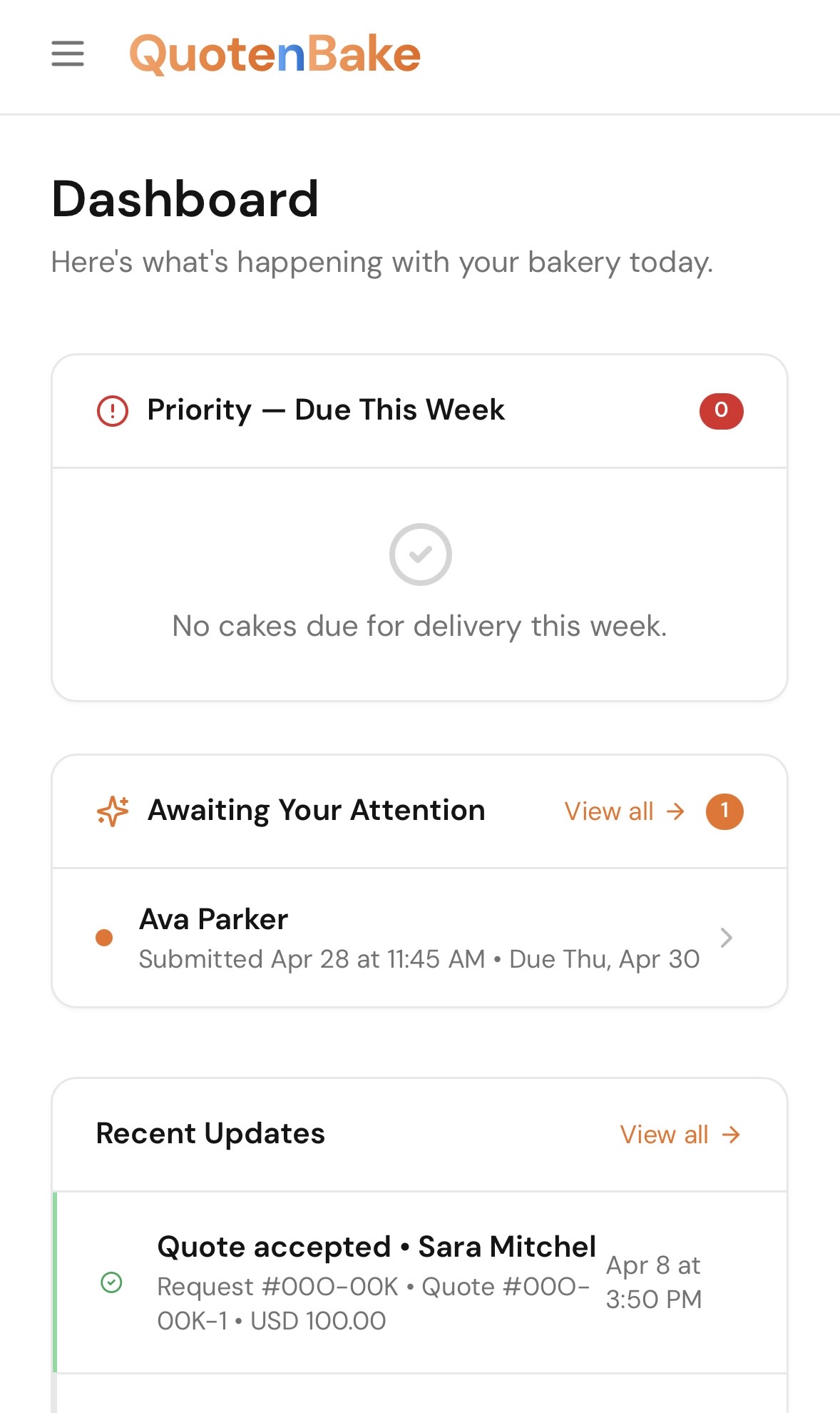 Quote n Bake Dashboard screen