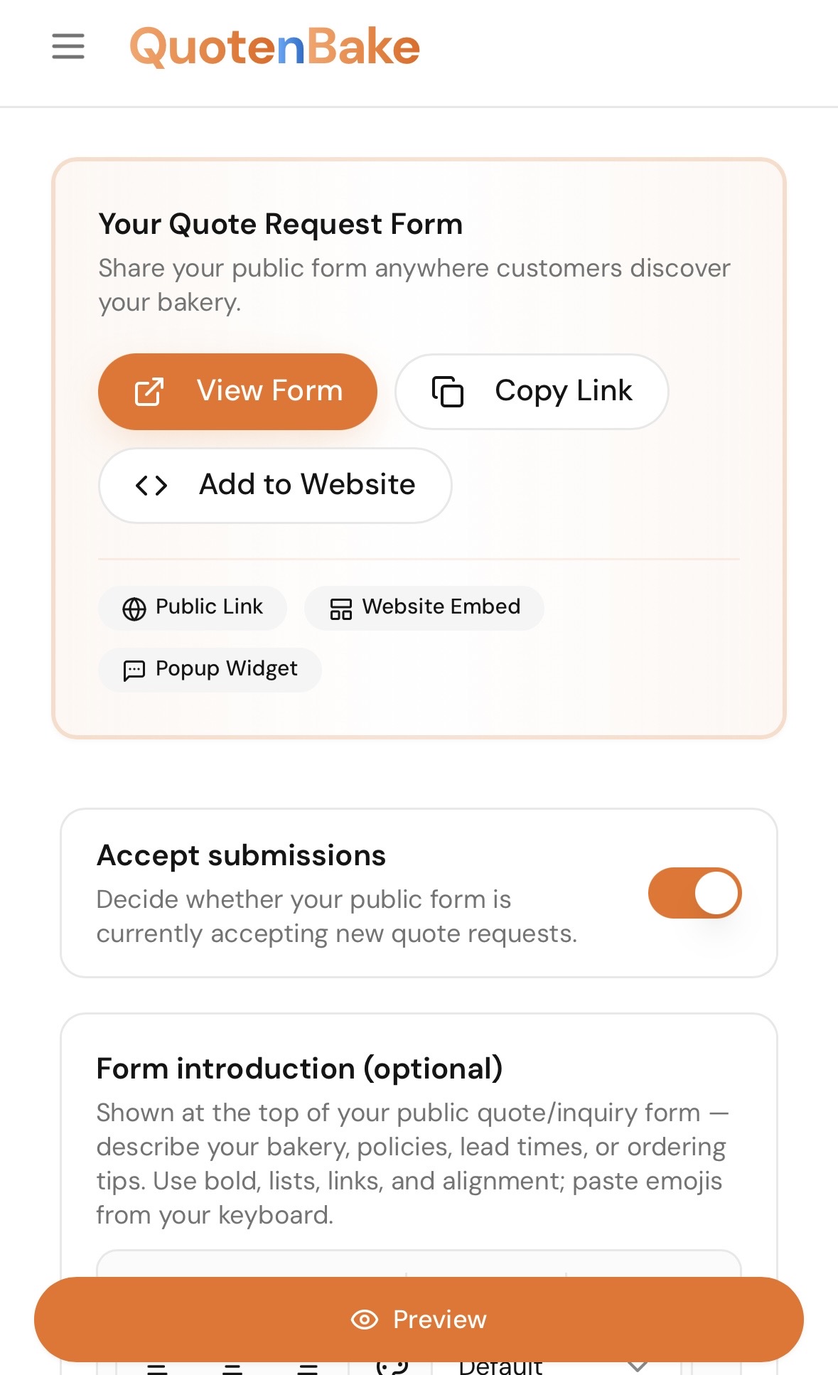 Quote n Bake Embed on your site screen