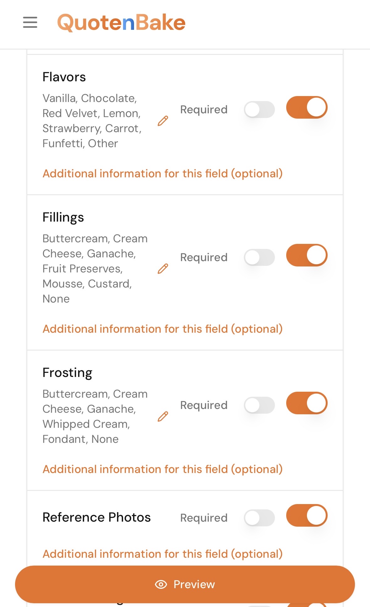 Quote n Bake Form fields screen