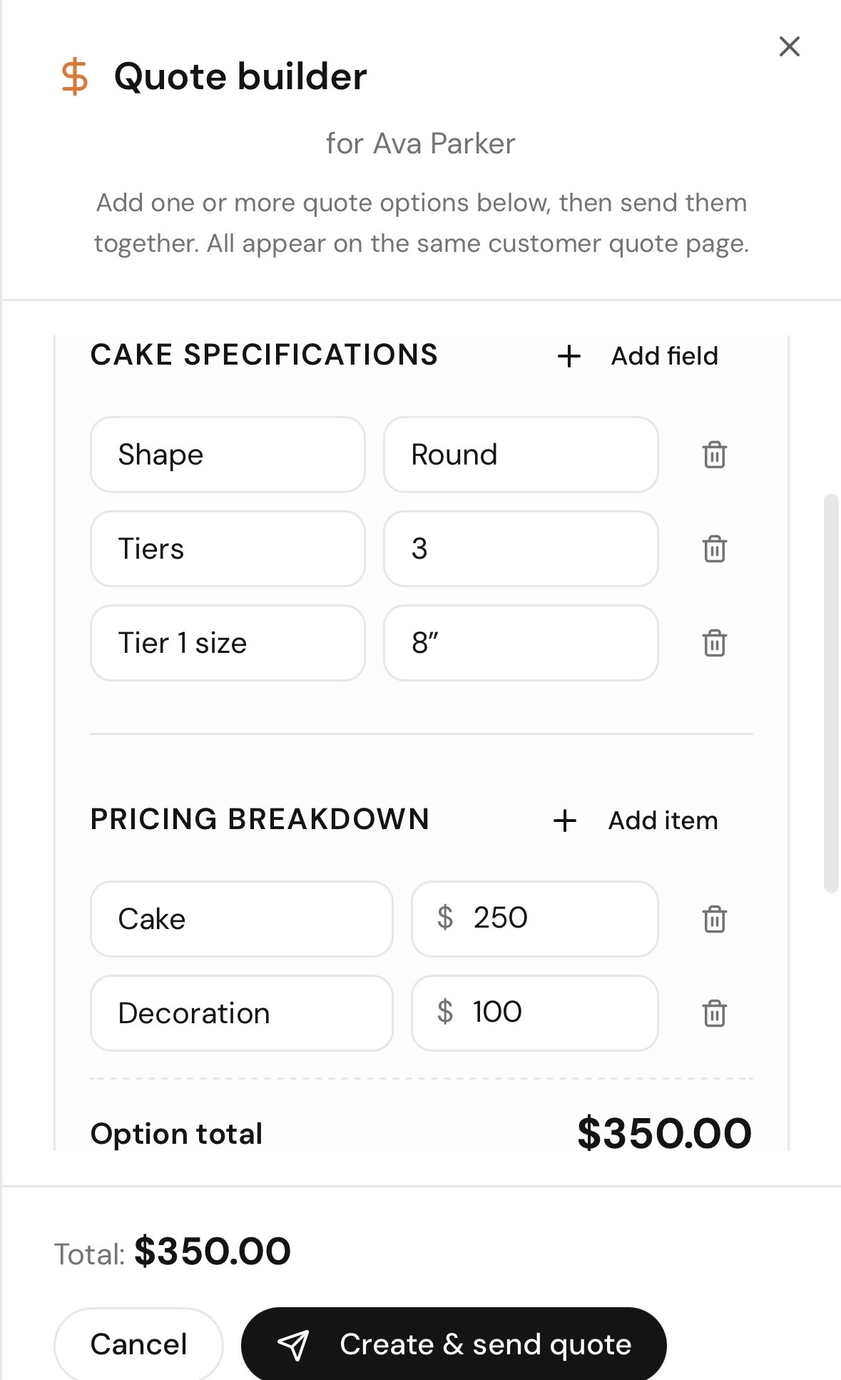 Quote n Bake Quote builder screen