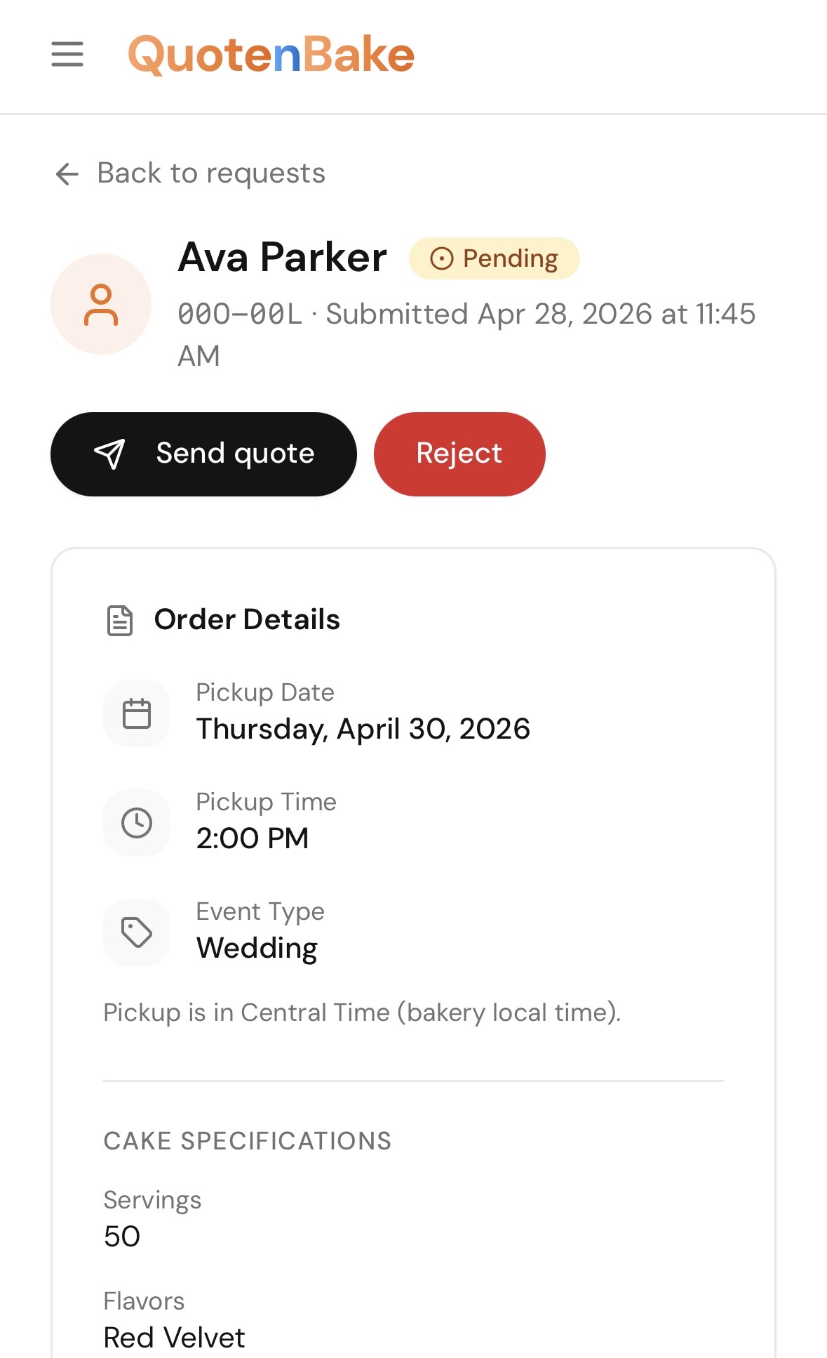 Quote n Bake Request details screen