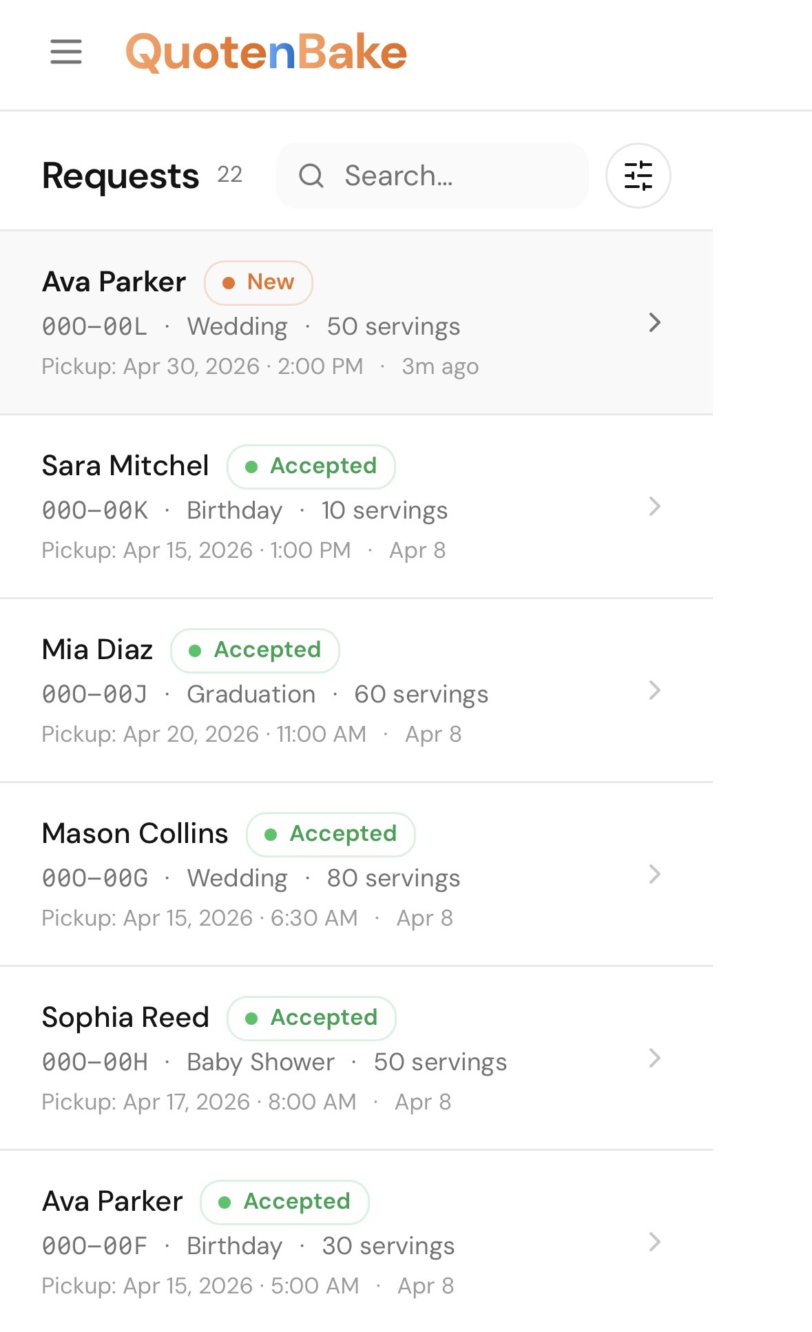 Quote n Bake Requests inbox screen