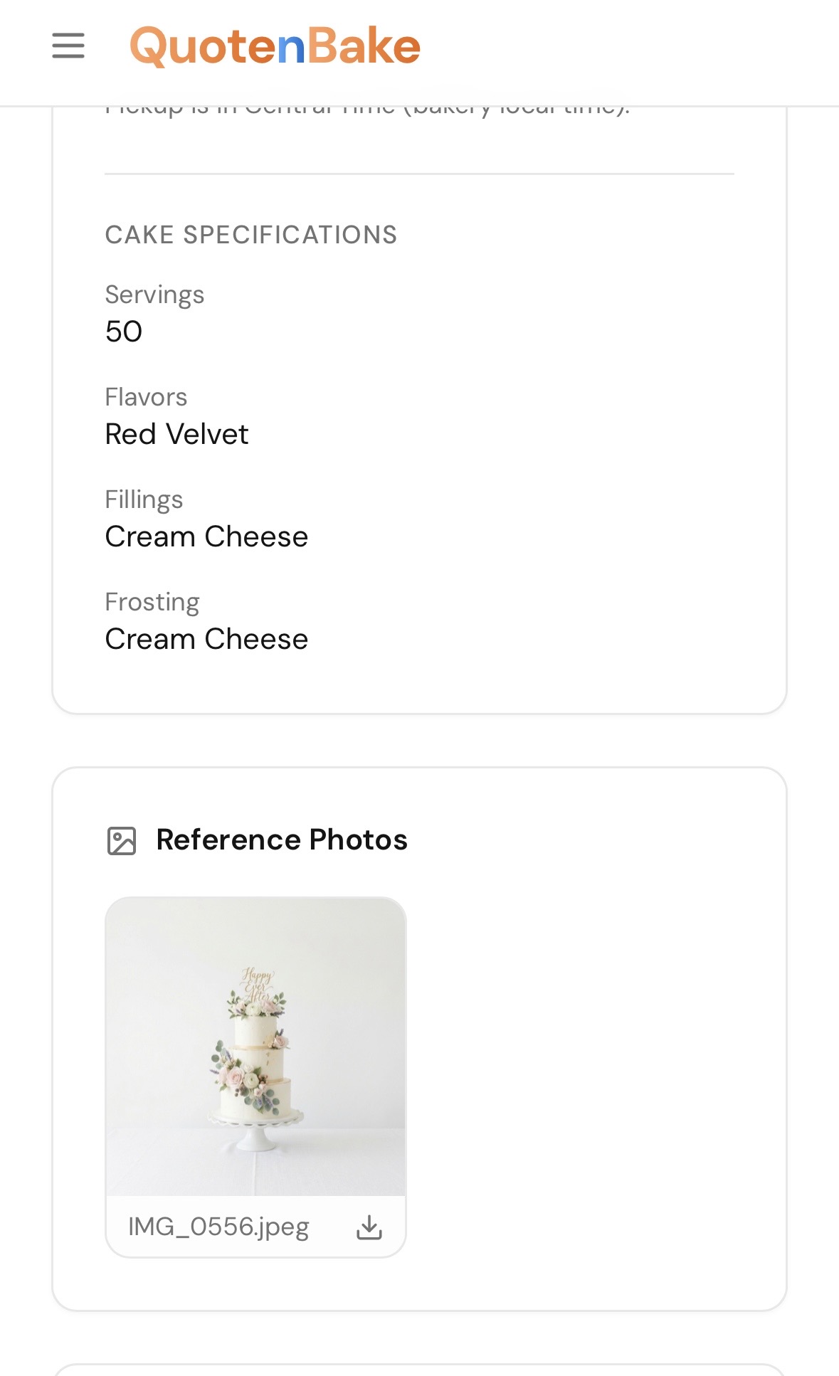 Quote n Bake Cake specs screen